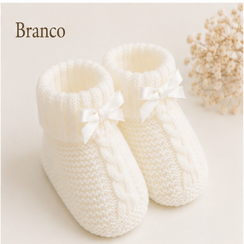 Branco Botinhas de Bebé em Tricot com Laço - Image 1
